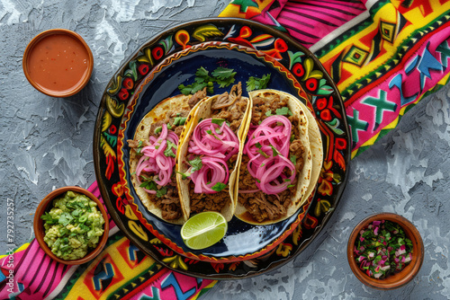 Top view of tacos with meat and pink pickled onion on a Mexican plate