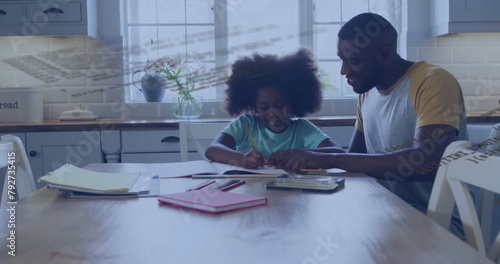 Image of data processing over african american father and daughter doing homework
