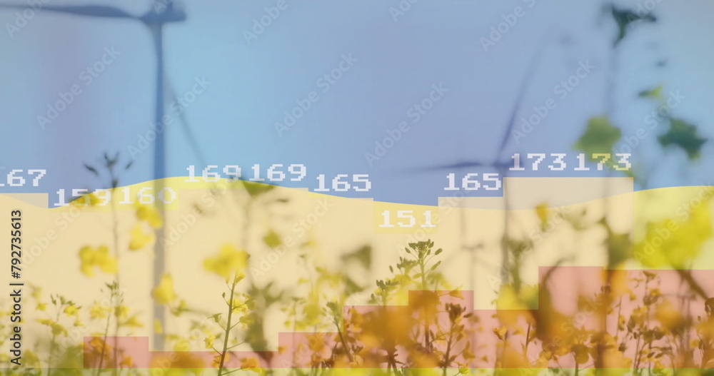 Fototapeta premium Image of data processing and diagrams over flag of ukraine and wind turbines