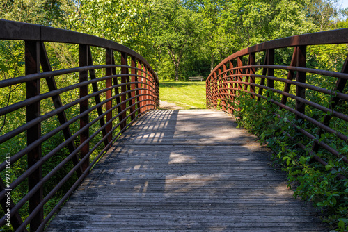 Hamilton Christie Lake Park pathway boardwalk bridge, Ontario, Canada photo