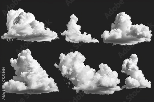 Clouds set isolated on black background. White cloudiness, mist or smog background. Collection of different clouds