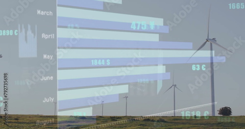Image of data processing and diagrams over wind turbines on field