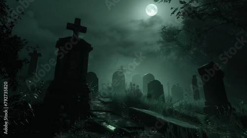 A cemetery at night with ancient tombstones under a full moon, casting long shadows photo