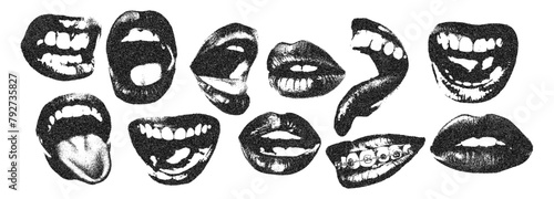 Lips and mouth in scream with monochrome photocopy effect, for grunge punk y2k collage design. Elements in stipple halftone brutalist retro design. Vector illustration for vintage music poster or bann © svetolk