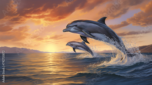 dolphin jumping out of the water in sunset background 