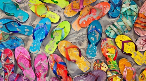 There are vibrant sandals lying on the sandy beach.