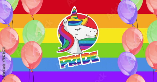 Image of pride text with unicorn in rainbow circle over colourful balloons on rainbow background
