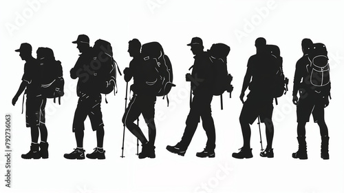 Silhouette of a group of traveler people walking with backpacks