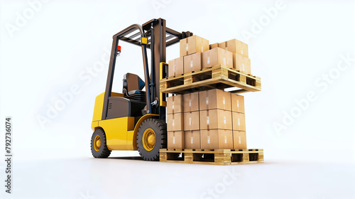 A yellow forklift lifting a pallet of boxes