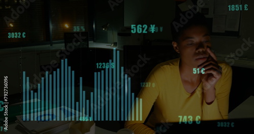 Image of financial data processing over biracial businesswoman in office
