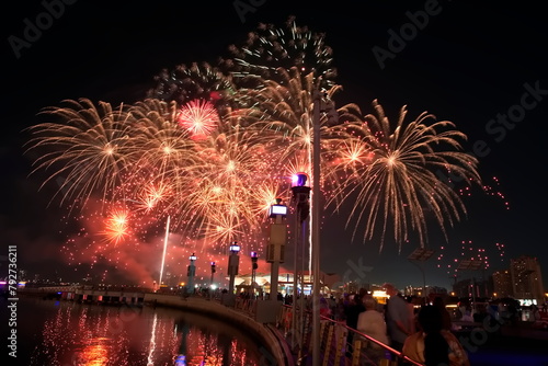 Dubai, United Arab Emirates – April 04, 2024, Dubai Festival Center DFC, Fireworks for celebrating of Ramadan