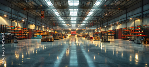 E-commerce Warehouse Scene: Utilize a wide-angle lens to capture the expansive e-commerce warehouse, emphasizing the scale and scope of the operation.
