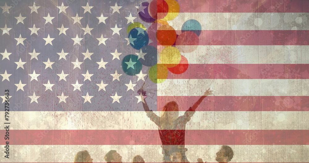 Fototapeta premium Image of flag of usa over diverse friends holding balloons