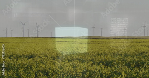 Image of data processing and shapes over wind turbines on field