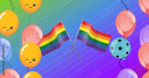 Image of happy colourful balloons and rainbow flags on rainbow background