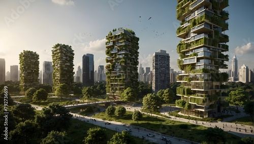 Eco-conscious urban development Sustainable city architecture integrating green spaces for CO2 reduction Generative AI