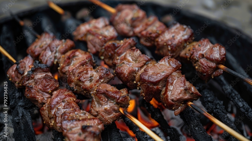 Skewers of meat cooking over charcoal, preparing shashlik.