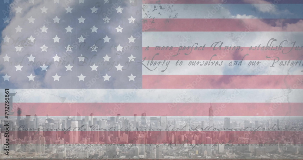 Fototapeta premium Image of flag of usa with text over cityscape