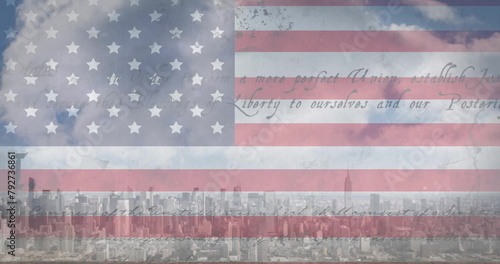 Image of flag of usa with text over cityscape
