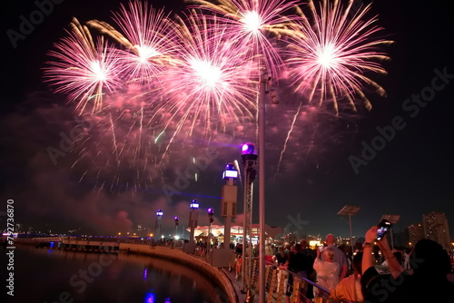 Dubai, United Arab Emirates – April 04, 2024, Dubai Festival Center DFC, Fireworks for celebrating of Ramadan