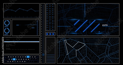 Image of digital interface and data processing on black background