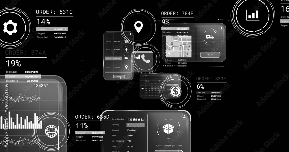 Image of digital interface and data processing on black background Image of digital interface and data processing on black background