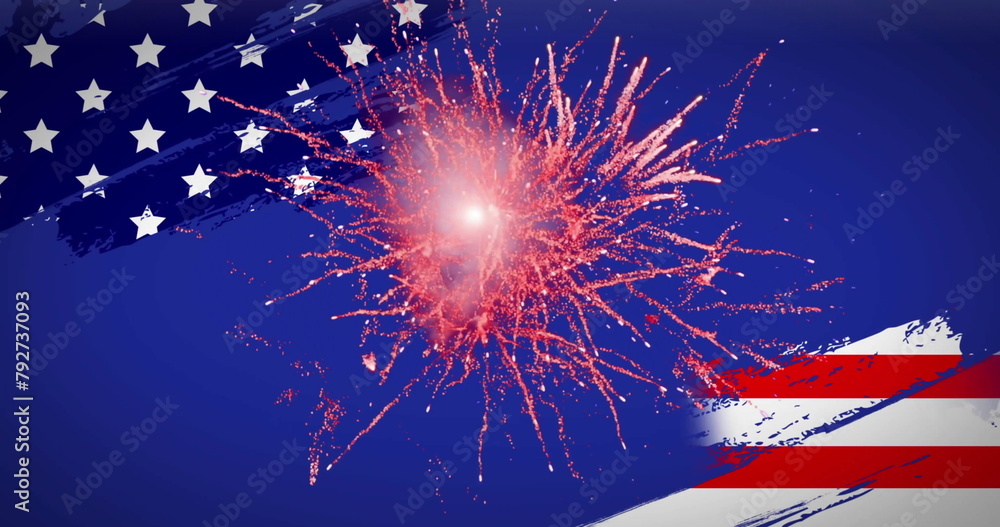 Fototapeta premium Image of flag of usa with fireworks on blue background
