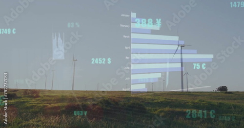 Image of data processing and diagrams over wind turbines on field