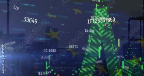 Image of financial data processing over flag of ue and cityscape