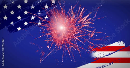 Image of flag of usa with fireworks on blue background