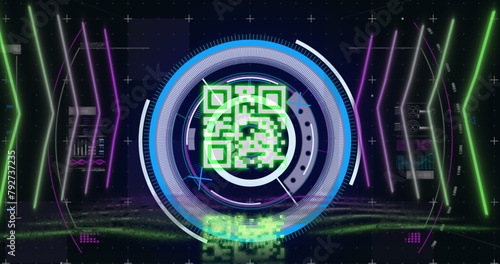 Image of qr code over scope scanning and data processing on black background