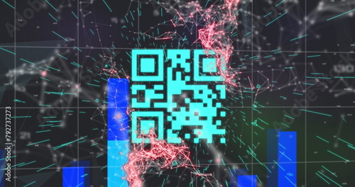 Image of qr code over network of connections on black background