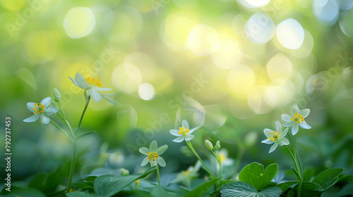 Spring flowers on green nature blurred background.