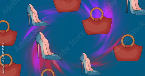 Image of purple shoes and red handbags on colourful background