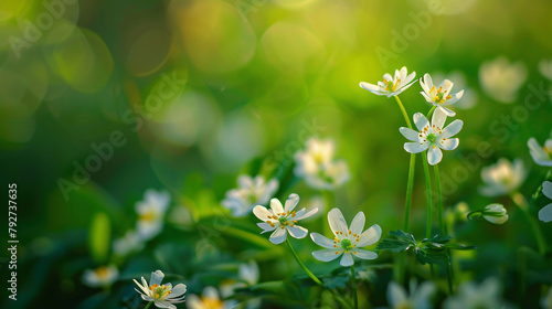 Spring flowers on green nature blurred background.