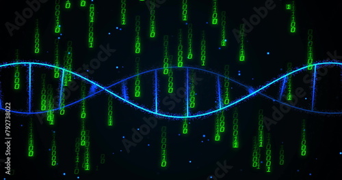 Image of dna strand over data processing on black background