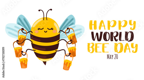 Happy World Bee Day greeting card. Horizontal banner with a hand drawn insect holding a bucket of honey in its legs on a white background