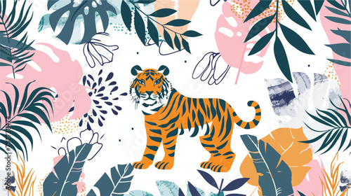 Hand drawn tropical jungle leaves tiger and Four shap