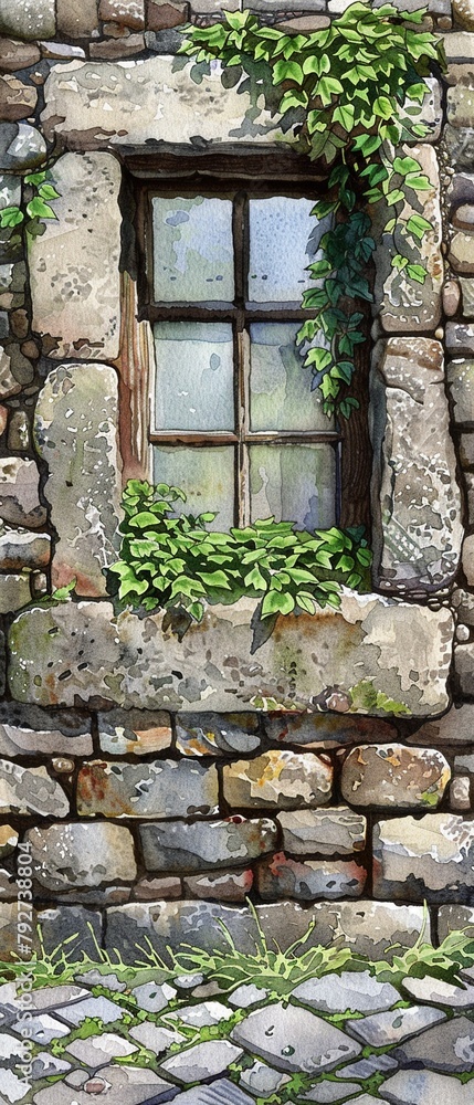 Grass and Stone Wall A watercolor painting of a rectangular stone wall with grass sprouting from the brickwork The wall features a small window and cobblestone flooring, adding to its natural and eart