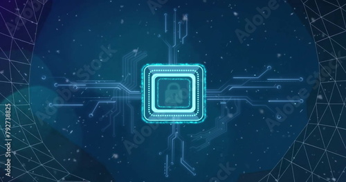 Image of padlock icon with computer circuit board over snow and shapes on black background