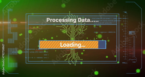Image of text and data processing over screen and circuit board