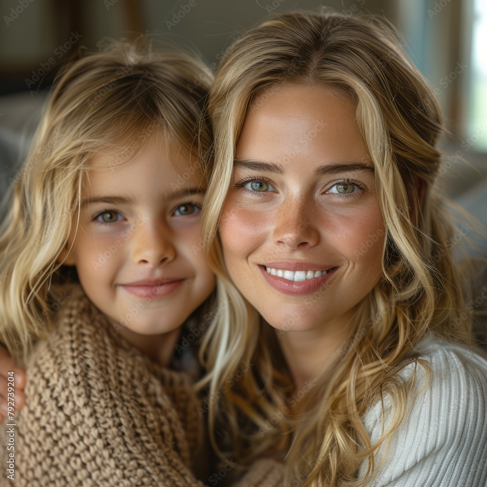 Smiling Mother Embracing Adorable Little Daughter, Looking at the Camera Smiling Mother Embracing Adorable Little Daughter, Looking at the Camera