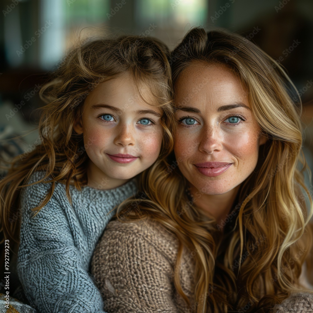 Smiling Mother Embracing Adorable Little Daughter, Looking at the Camera Smiling Mother Embracing Adorable Little Daughter, Looking at the Camera