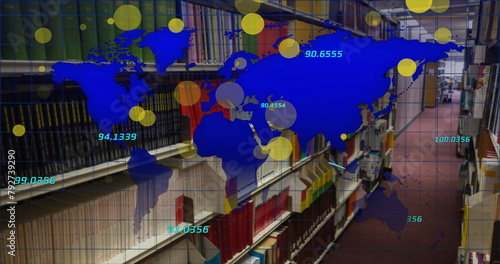 Image of spots and data processing with world map over books on shelves in library