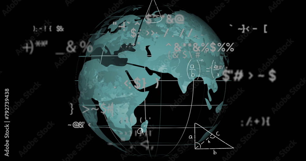 Fototapeta premium Image of mathematical data processing over globe on black background