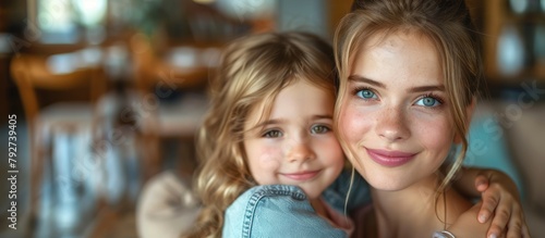 Smiling Mother Embracing Adorable Little Daughter, Looking at the Camera