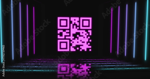 Image of qr code over neon shapes on black background