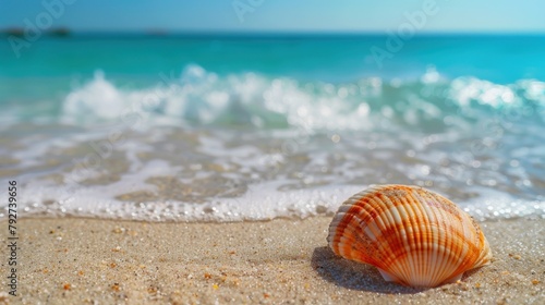 A shell on the sandy beach with a blurred background of blue sea and sky  providing space for text. The concept of a summer vacation.