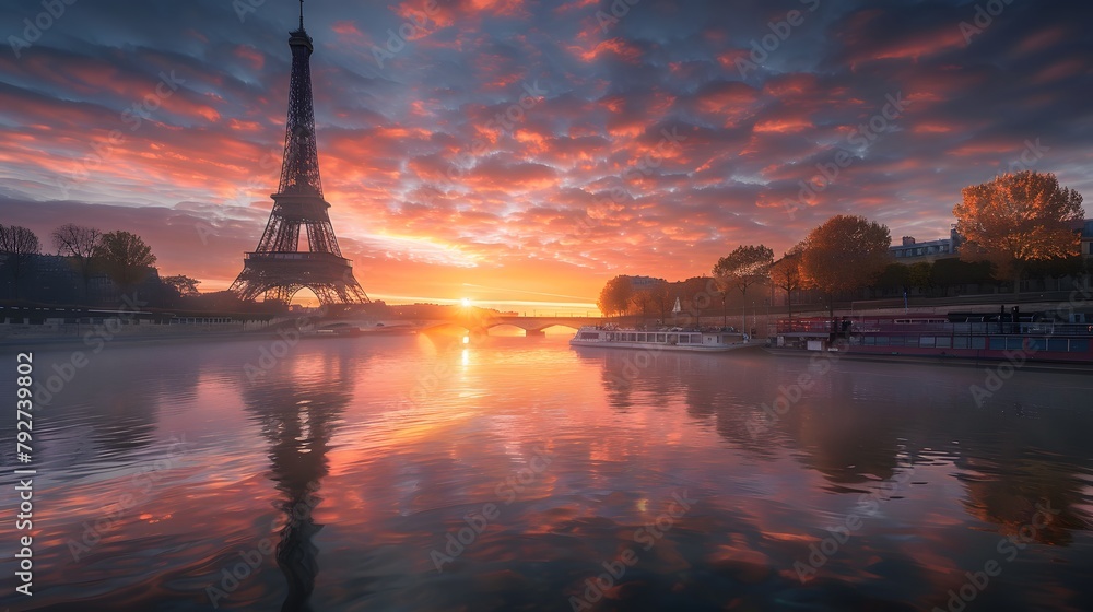 Eiffel Tower by the river at sunset