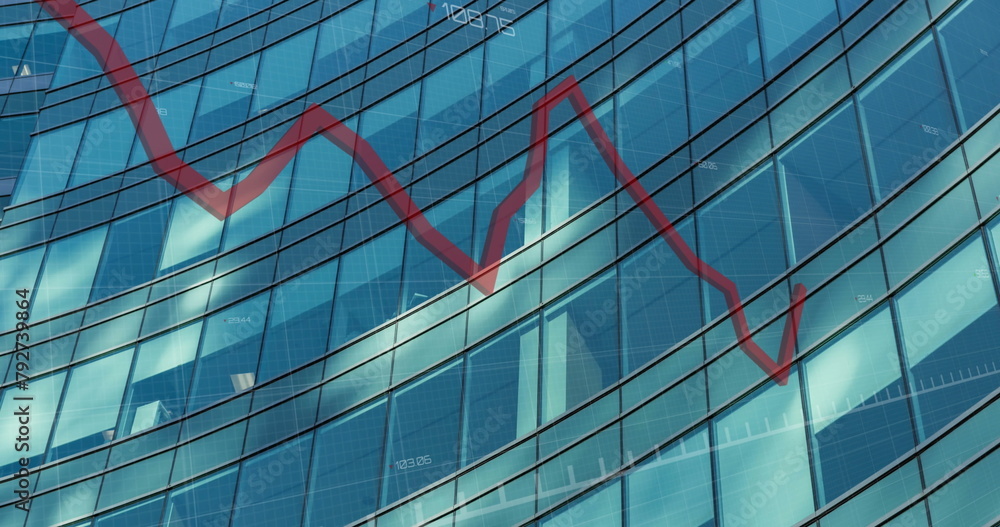 Obraz premium Image of red line, financial data processing over modern office building